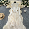 Women's fall/winter layering set: new long-sleeve knit & mesh panel dress + beaded sleeveless vest