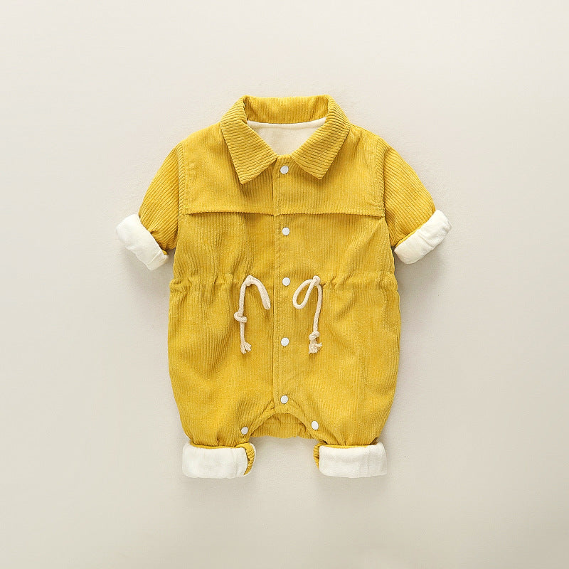 Baby outing one-piece clothes autumn winterthickened haki 0-1 years old baby boy climbing suit corduroy one-piece