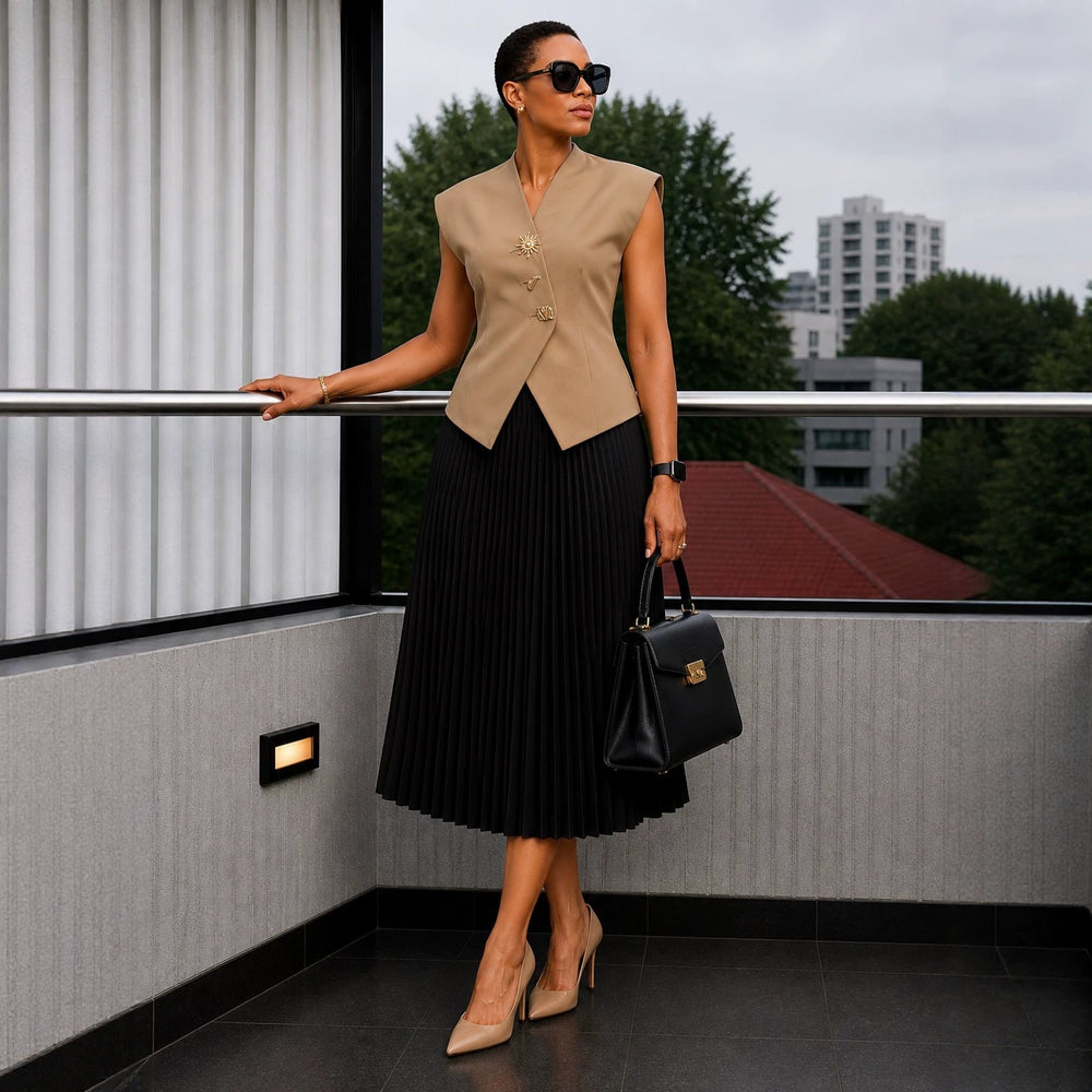 European and american cross-border women's fashion:  summer new arrival - elegant sleeveless vest top and pleated midi skirt set