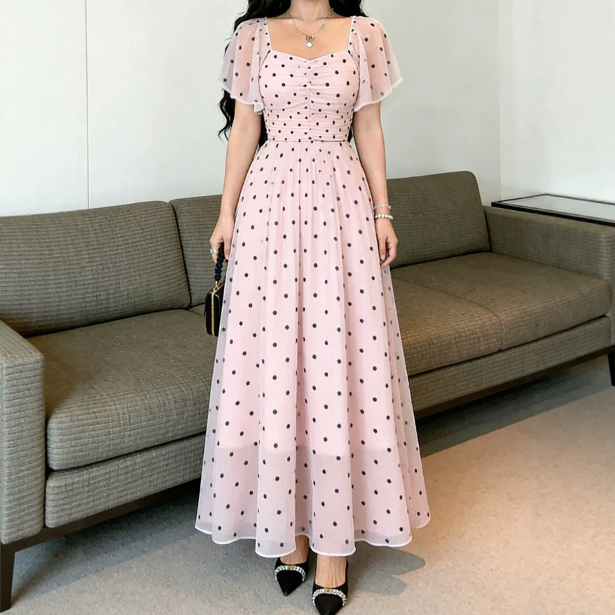 european and american cross-border new arrival: ruffle trim, color block, cinched waist, heart print dress - women's slimming, elegant maxi dress