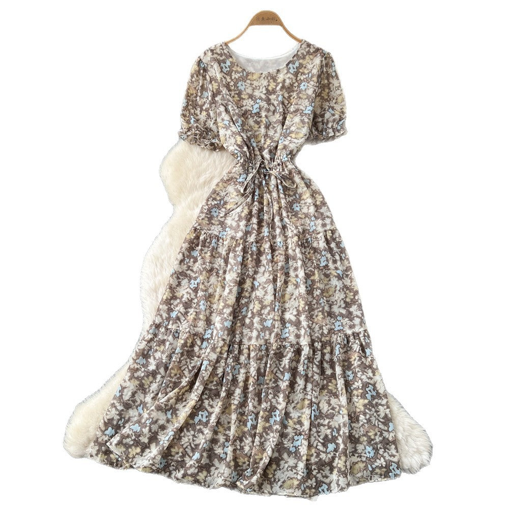 French floral v-neck dress - women's summer  collection: round neck, short sleeve, slim fit, ruffle hem, elegant maxi dress