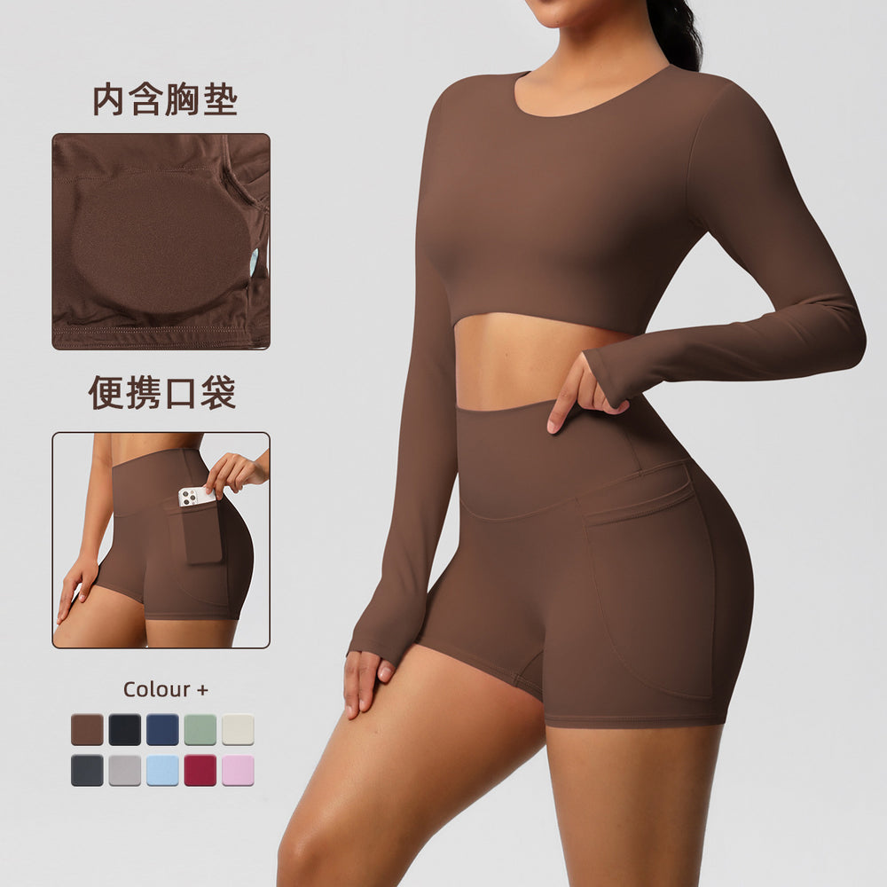 fashionpure color double-sided nylon brushed with chest pad yoga suit sports running fitness two-piece set for women