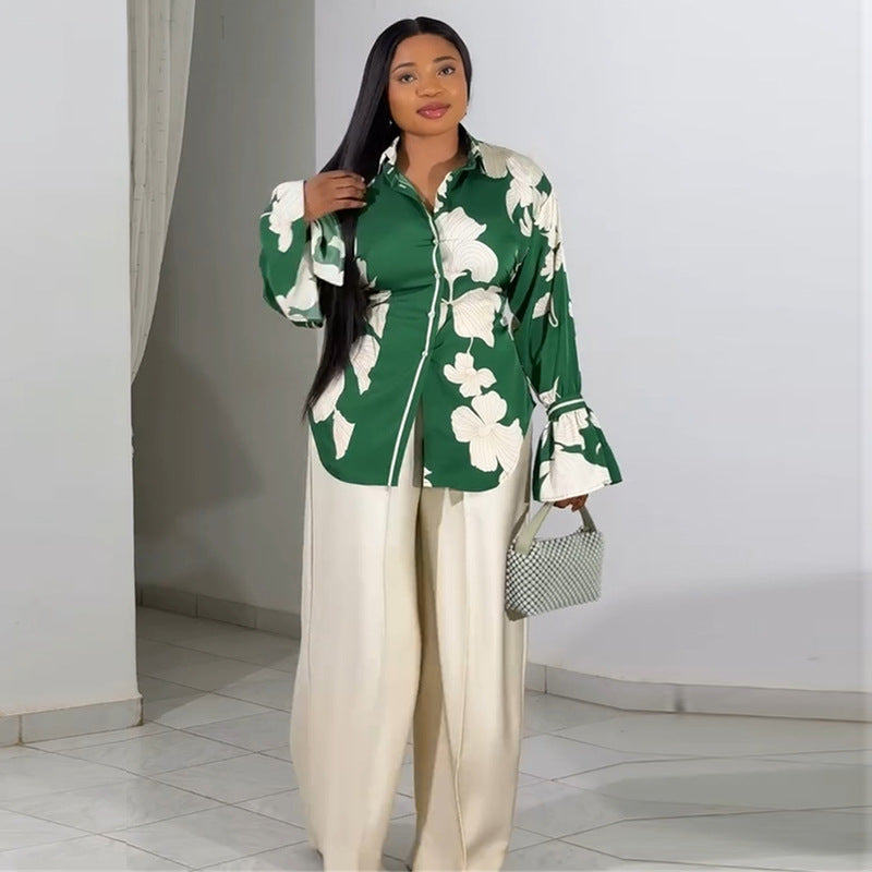 European and american style women's clothing  autumn new collection: sweet and fresh printed turn-down collar lantern sleeve blouse with high-waisted straight-leg pants two-piece set
