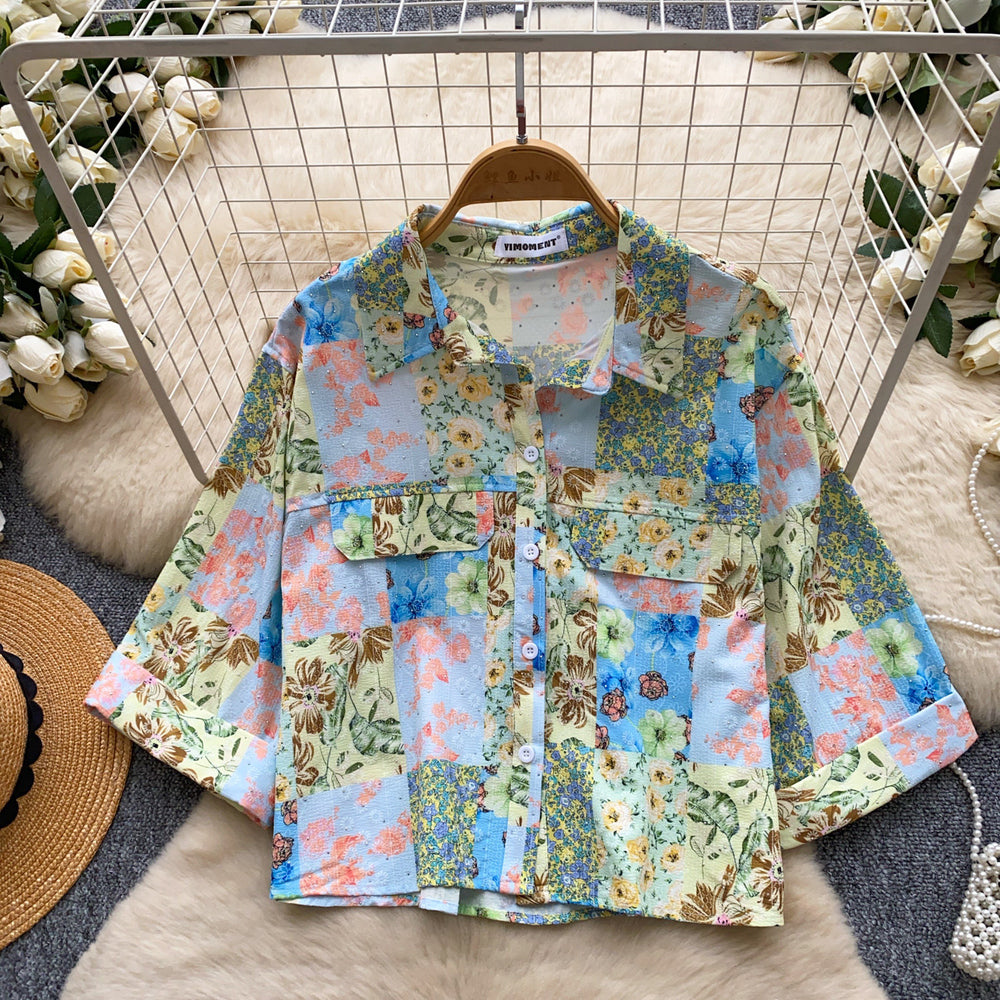 Korean style commute chic color block breathable printed shirt - women's short sleeve casual loose fit cardigan top - elegant summer