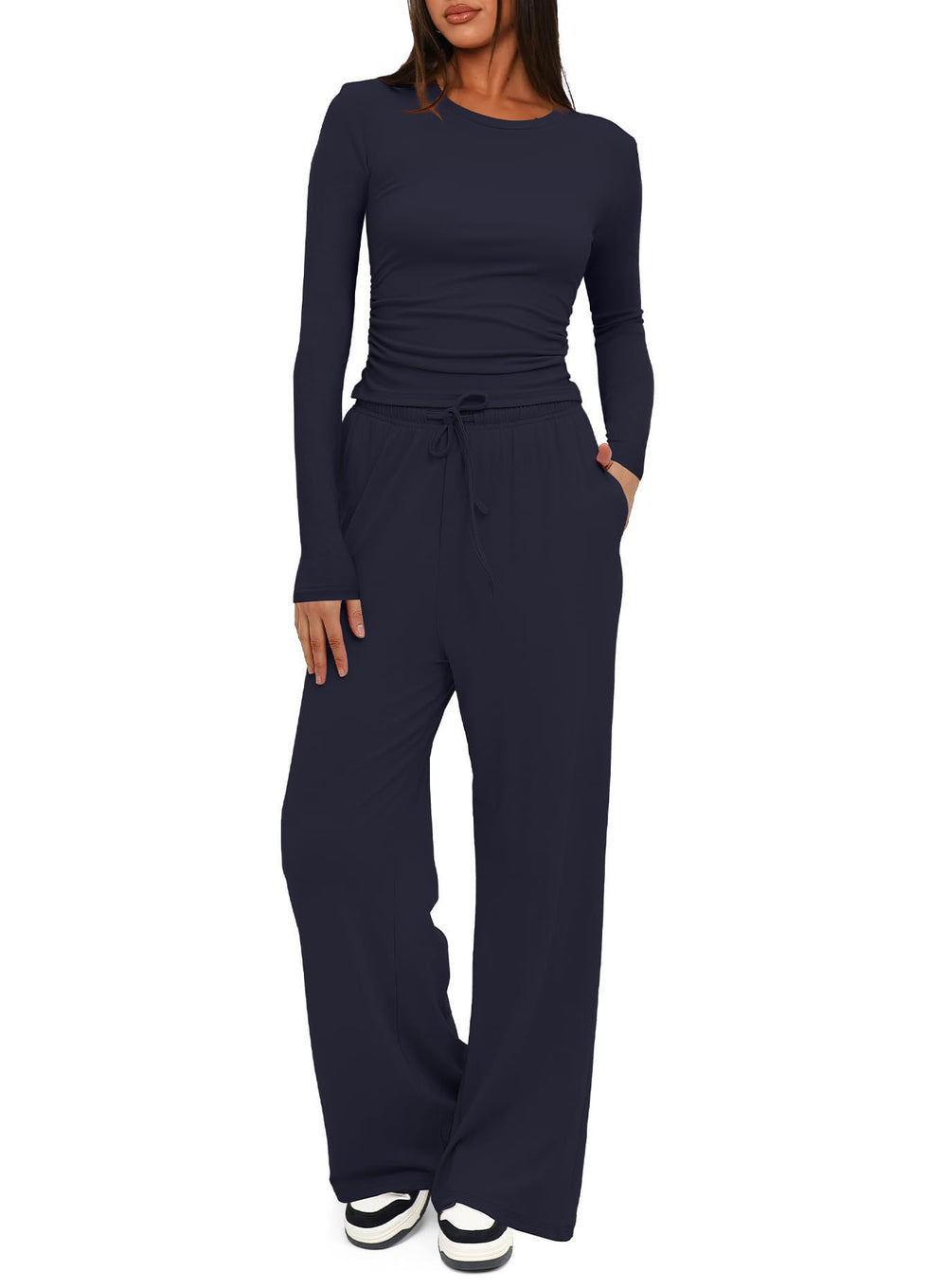 cross-border fashion  new product pure color casuallong sleevessuittopshigh waistloose pants sportswear
