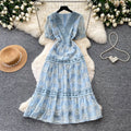 French romantic pink v-neck lace dress - women's summer korean style short sleeve slimming a-line cake dress