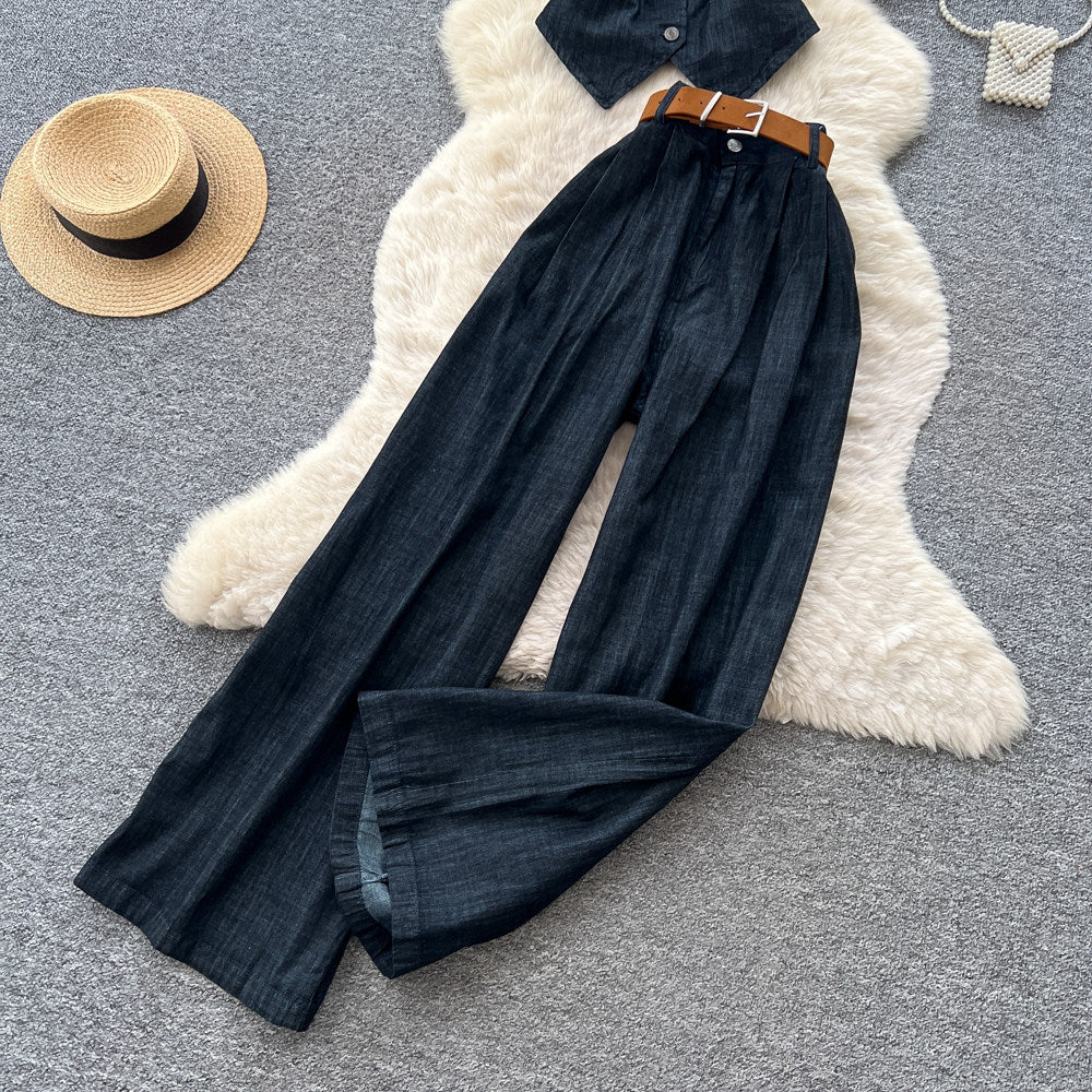 European and american retro denim chic two-piece set for women: sleeveless vest & high-waisted pants - slim fit, summer style