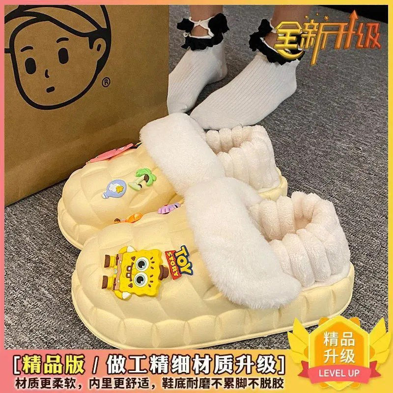 Women's winter waterproof cotton slippers - thick sole, fleece lined, closed toe, cute & cozy indoor slippers for students & dorms - removable warm insole