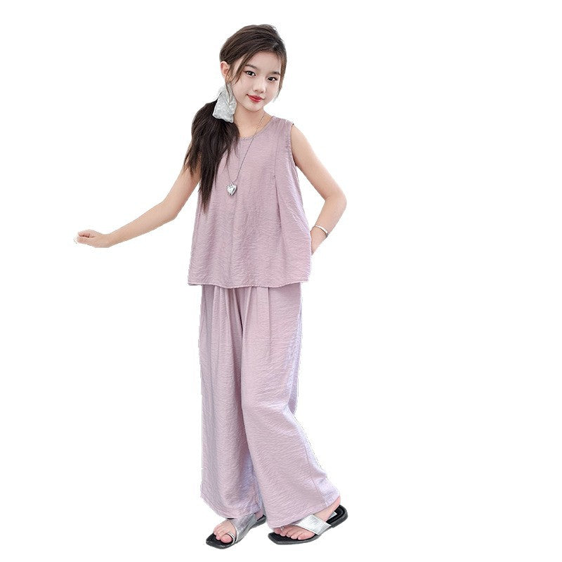 Girls' summer outfit : trendy and stylish kids' tank top and loose-fit casual pants set - sleeveless summer wear for older girls