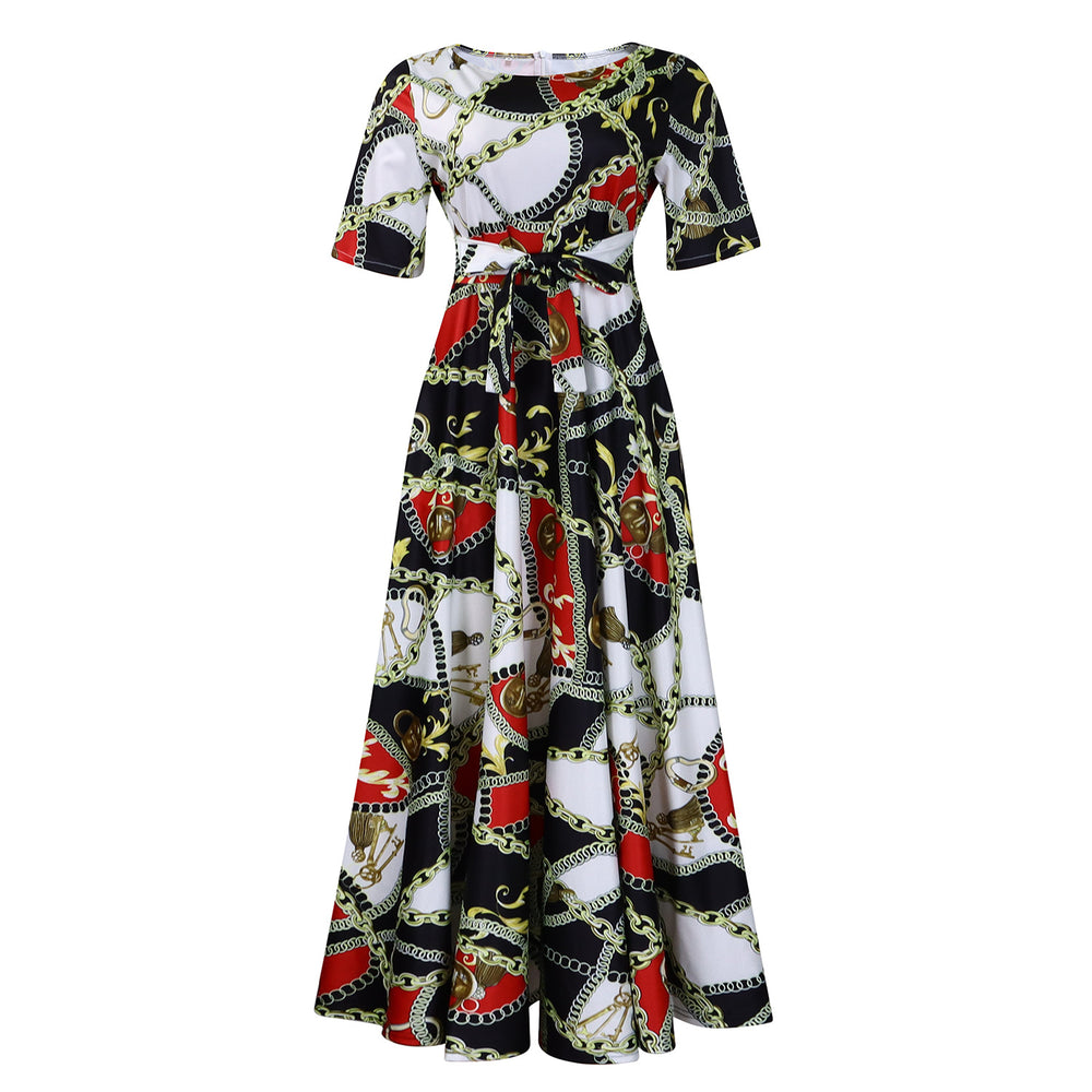 D3266 cross-border women's clothing  new fashion elegant lace-up african large size short-sleeved large swing foreign trade dress