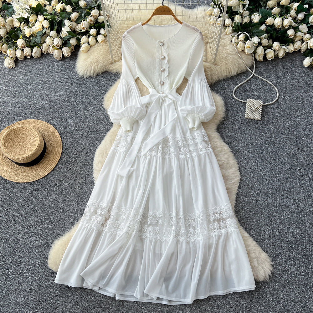 Exportlacepatchworkcut out pleated dress women's long sleeveshigh waista-line skirt large swing high elasticity long skirt