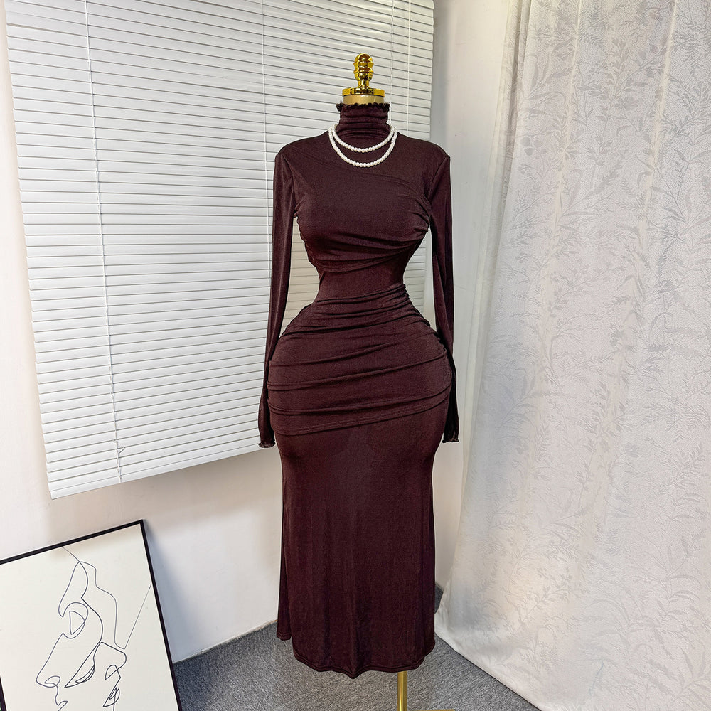 fashion style evening dress  spring new arrivalfashionelegant silhouette high collar chest wrap hip long sleevesdress