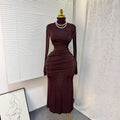 fashion style evening dress  spring new arrivalfashionelegant silhouette high collar chest wrap hip long sleevesdress
