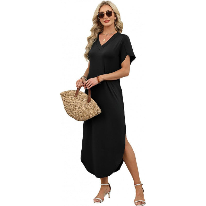 Amazon short-sleeve dress v-neck tank dress  summer new arrival side slit casual beach dress