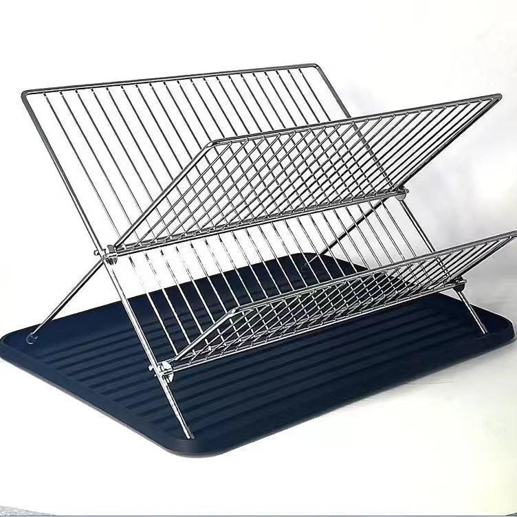 X-type foldable drain bowl rack, double-layer kitchen drain rack, countertop type with water tray, kitchen dish storage rack