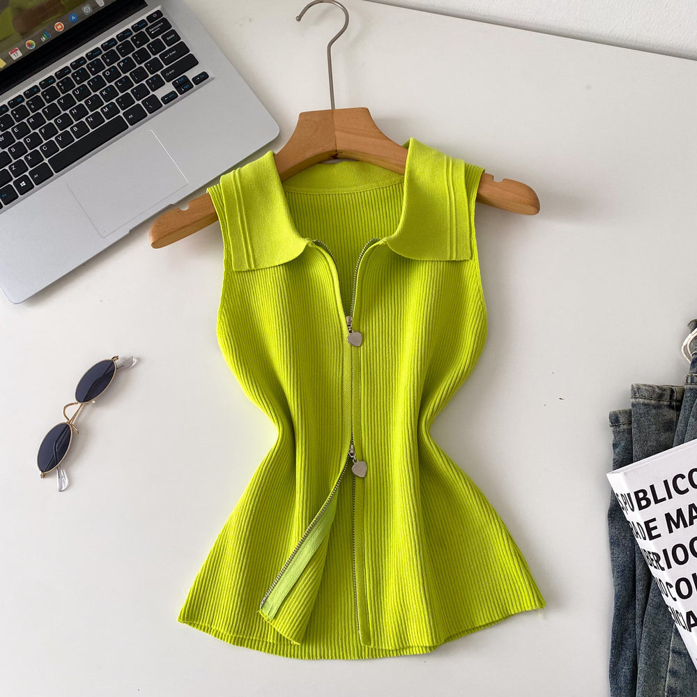 Korean style commute chic: women's summer slim-fit sleeveless knit vest with polo collar and zipper detail