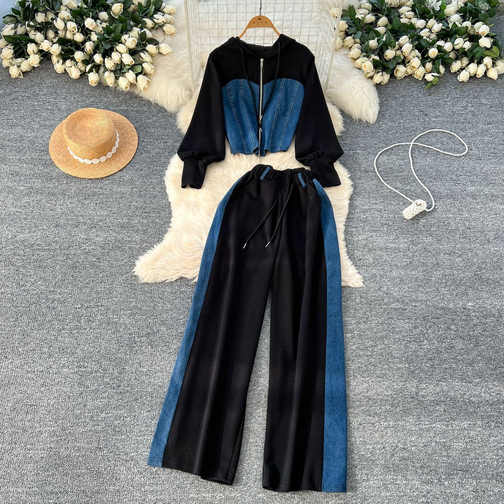Spring hong kong style casual tracksuit set for women - pullover hoodie sweatshirt + high-waisted denim patchwork wide-leg pants