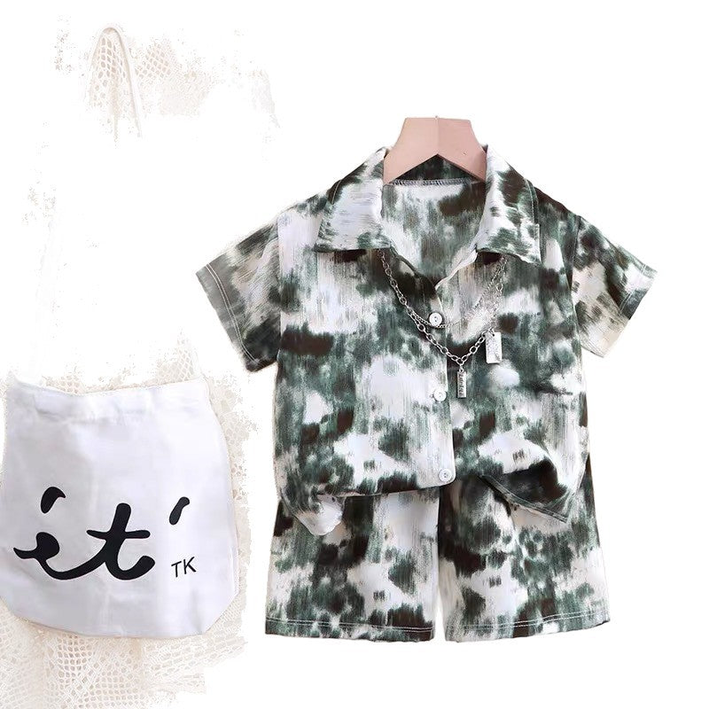 Boys' short-sleeve floral shirt beach vacation style summer baby short-sleeve top trendy shirt kids' shorts set
