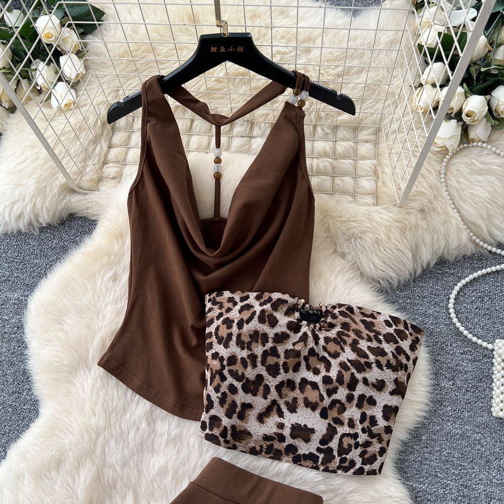 Pure desire style work clothing leopard print patchwork vest skirt two-piece set women's summer backless pleated silmslimming looksuit