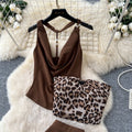 Pure desire style work clothing leopard print patchwork vest skirt two-piece set women's summer backless pleated silmslimming looksuit