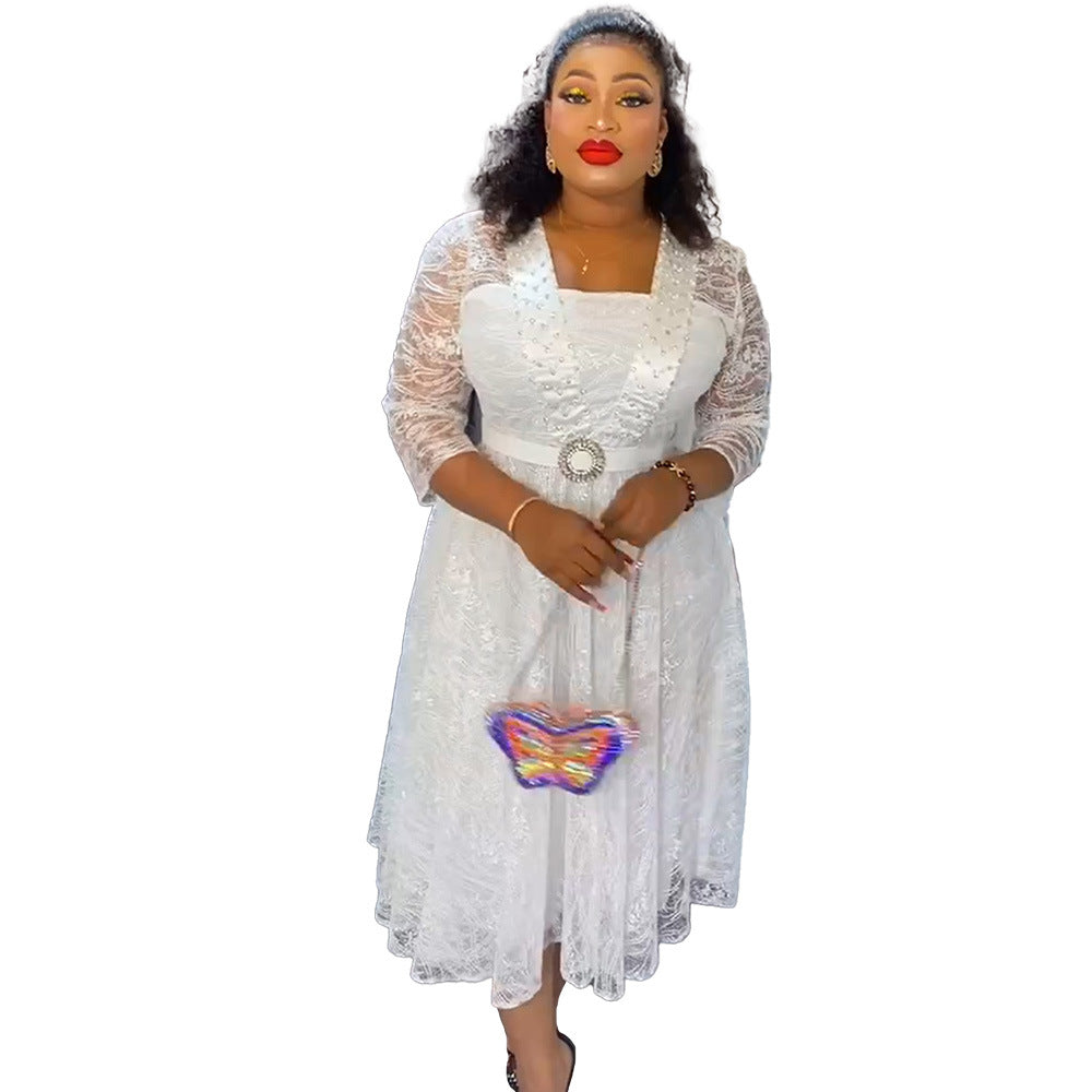 African clothing plus size women's lace rhinestone a-line dress  high waist evening gown dress with belt