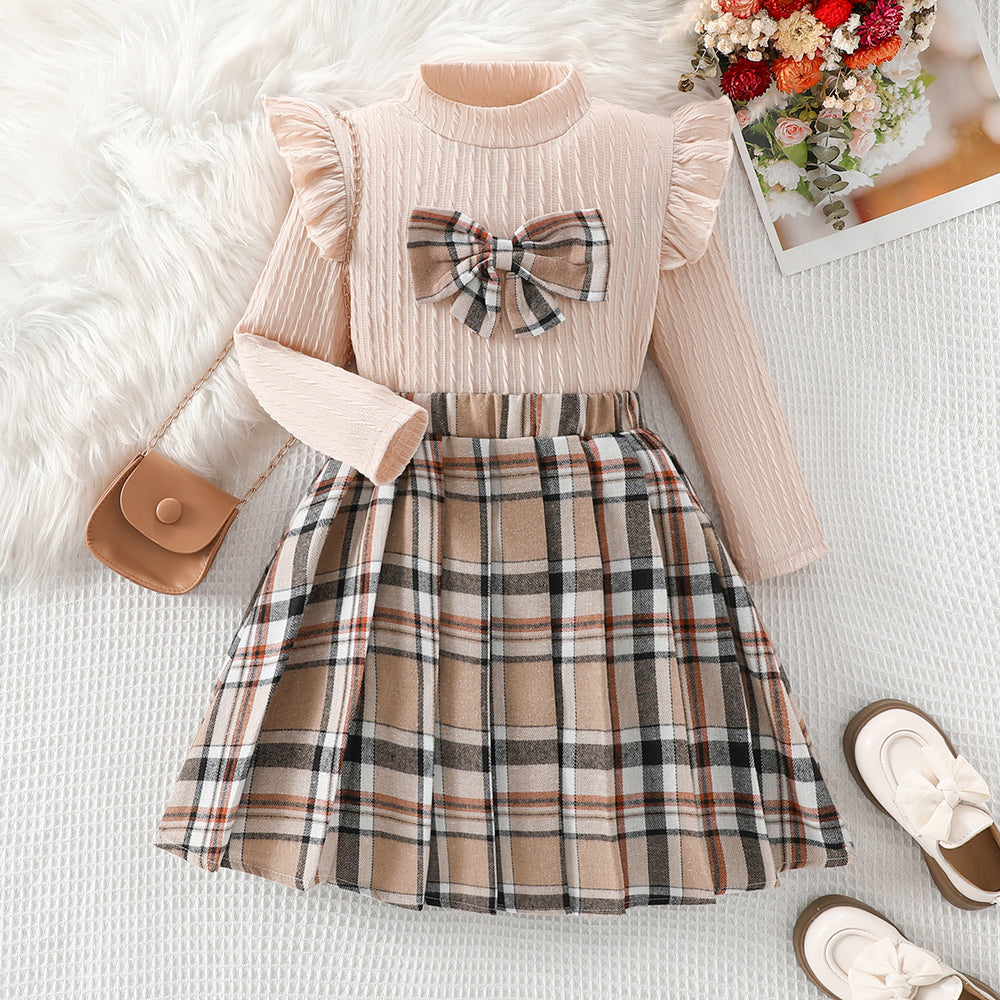 Autumnexportgirlknittingsweatshirtlong sleevesstripessuit skirt european plaid skirt kidstwo-piece setpleated skirt