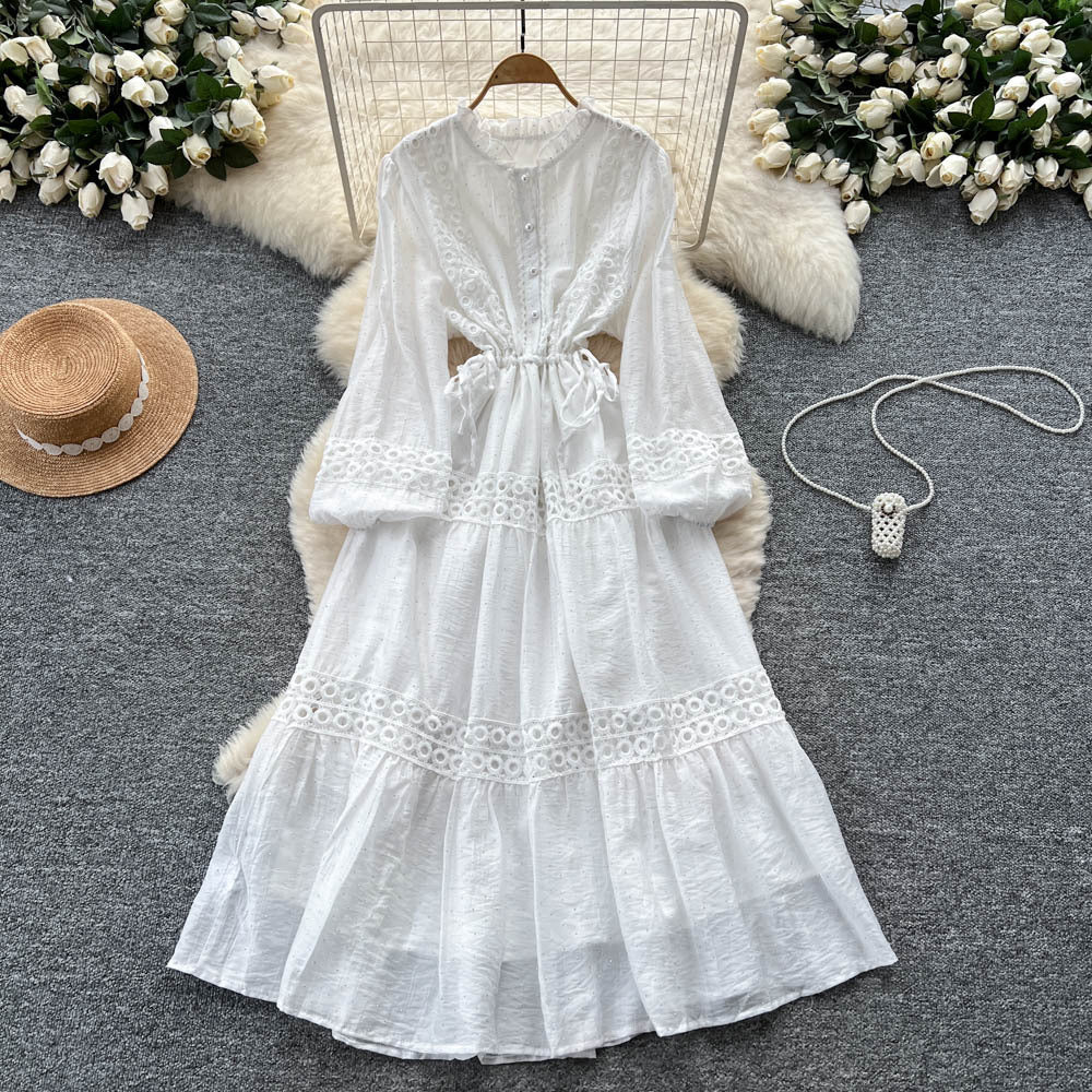French court style puff sleeve dress - women's autumn hollow-out crochet drawstring waist elegant chic maxi dress