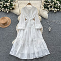 French court style puff sleeve dress - women's autumn hollow-out crochet drawstring waist elegant chic maxi dress