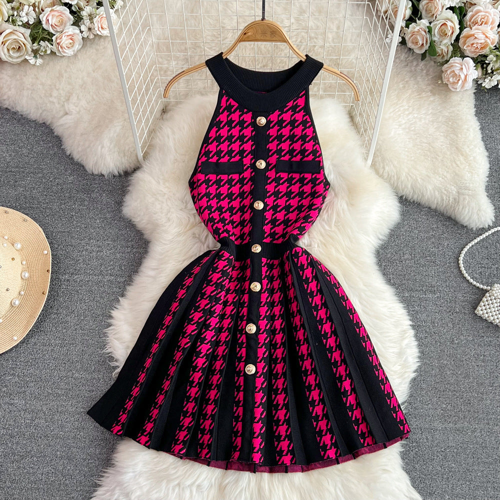 summer american retro halter neck off-shoulder slimming a-line knit mini dress for petite figures
