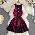 summer american retro halter neck off-shoulder slimming a-line knit mini dress for petite figures