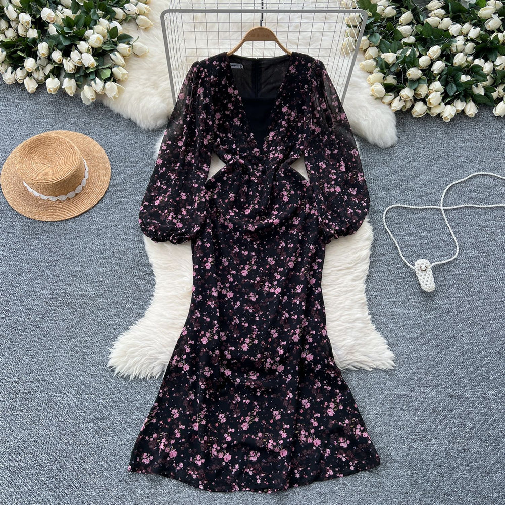 European and american style printed bubble sleeve dress - women's autumn slimming, figure-flattering, mature, chic, and exquisite long dress