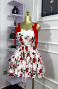 European and american cross-border women's fashion  spring new sleeveless printed double shoulder bow tie ruched mini dress