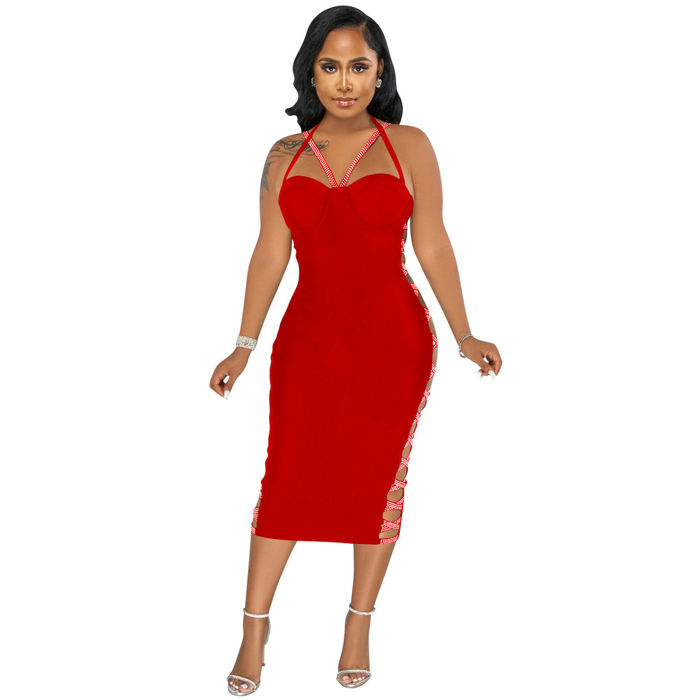 X5657 cross-border new arrival: solid color sexy camisole cutout zipper maxi dress with slit - perfect for  and