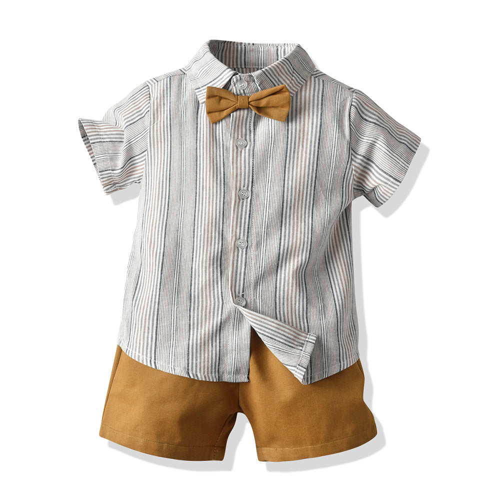 New korean style boys' summer outfit: short-sleeve striped shirt and overalls set for mid-to-large children, perfect for first birthday celebrations - wholesale direct from the manufacturer