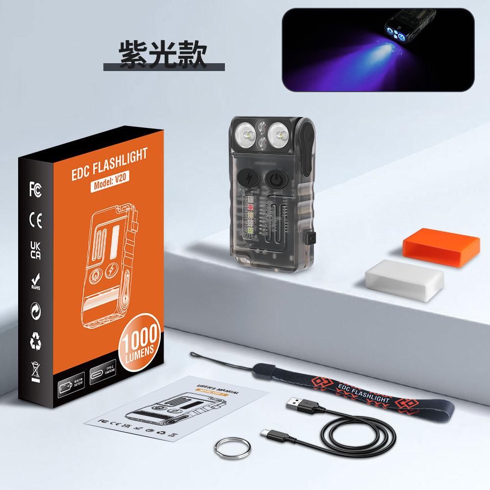 Cross-border new V20 strong light flashlight outdoor convenient 180 corner multi-function self-defense alarm keychain light