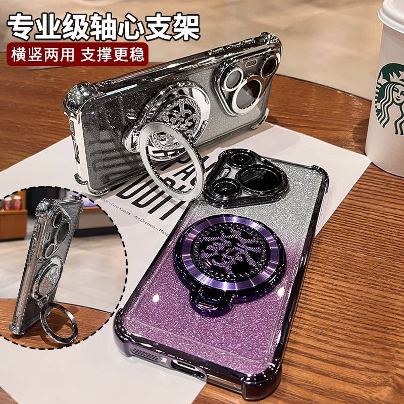 Suitable for huawei mate80 mobile phone case, rotating gyro bracket, honor p80pro electroplated four-corner glitter shell