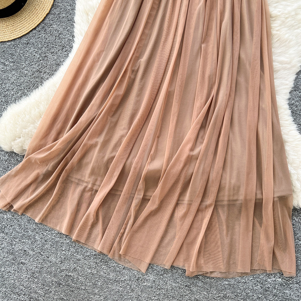 French sleeveless bandeau pleated dress women's summer high waist slimming elegant long mesh gown