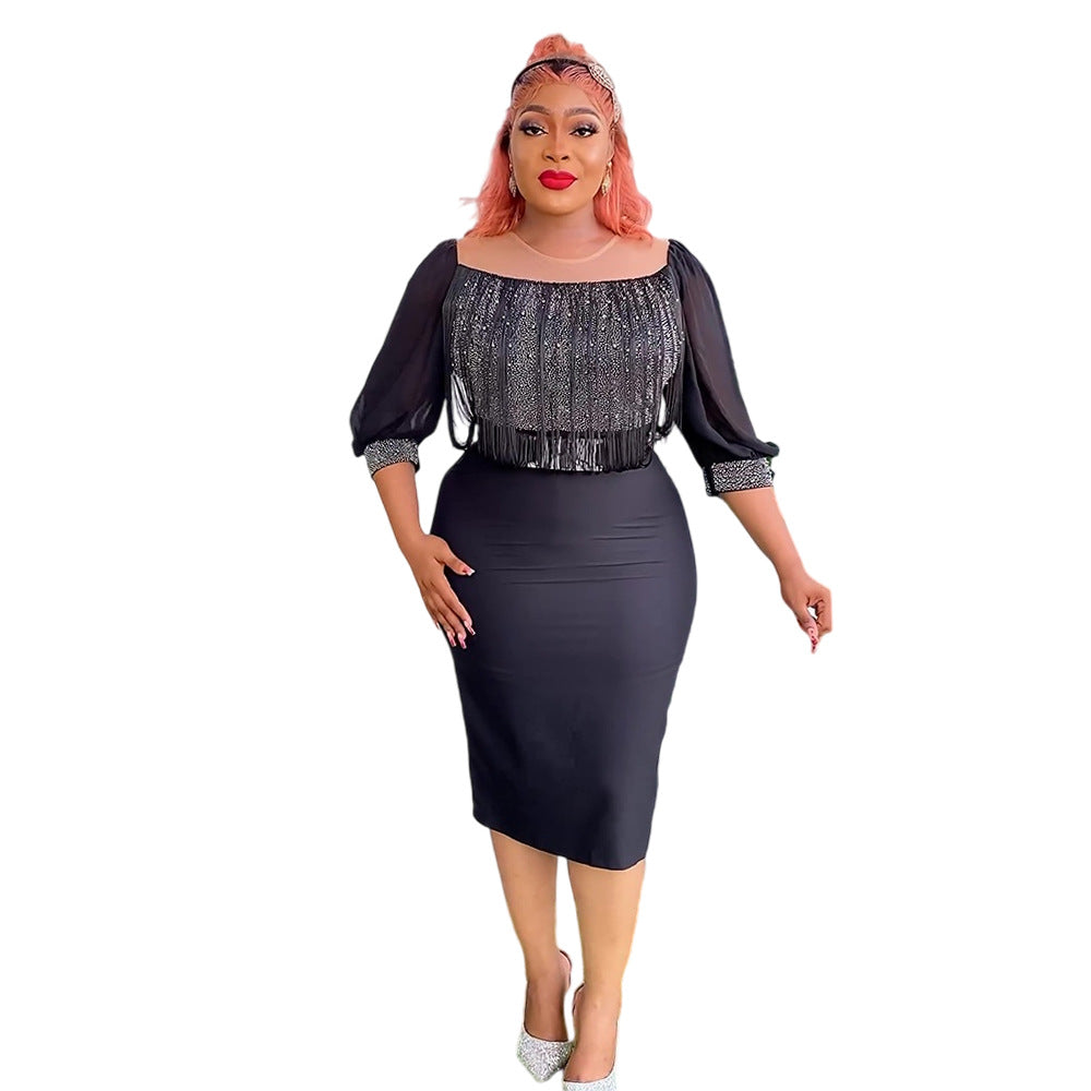 European and american fashion women's workwear elegant bodycon skirt african   plus size tassel dress