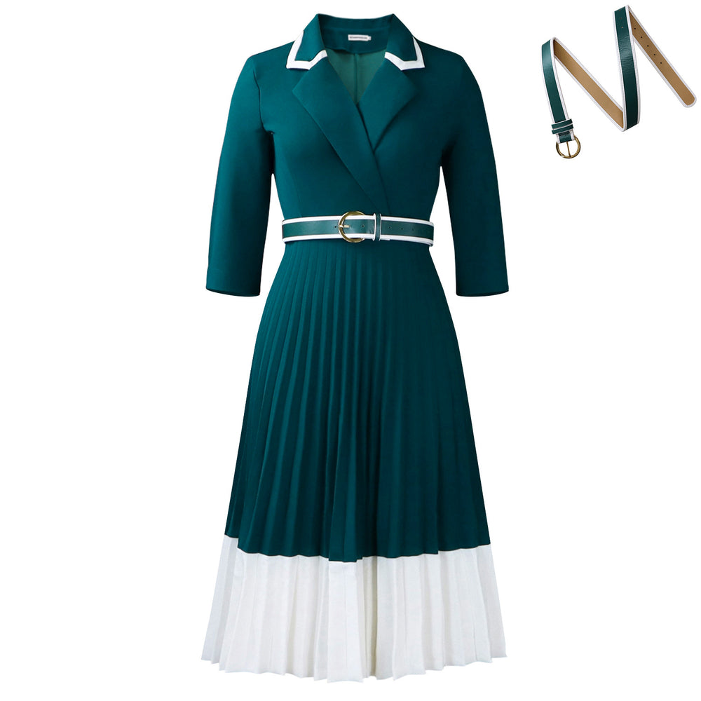 D3352 cross-border supply  autumn and winter european and american women's clothing pure color long sleeves color matching pleated a-line skirt foreign trade dress