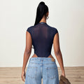 summer european and american cross-border new women's sexy round neck metal buckle triangle shorts mesh bodysuit