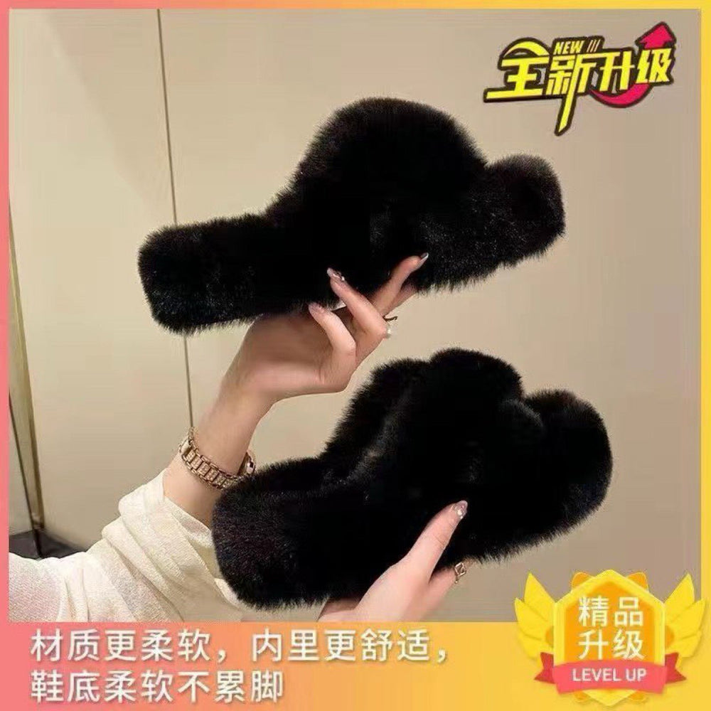 Fall/winter 2025 new fuzzy slippers for women - stylish outdoor wear, plush thick-soled slippers, korean style criss-cross strap home cotton slippers