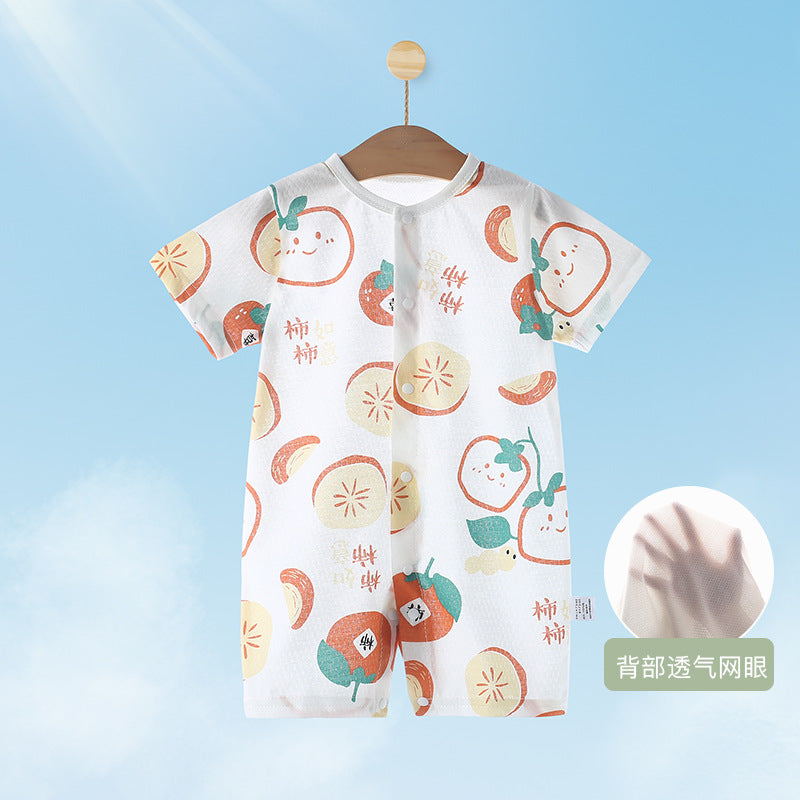 Baby short-sleeve snap-crotch romper, infant home air conditioning suit, breathable mesh crawling jumpsuit for 0-2 year olds