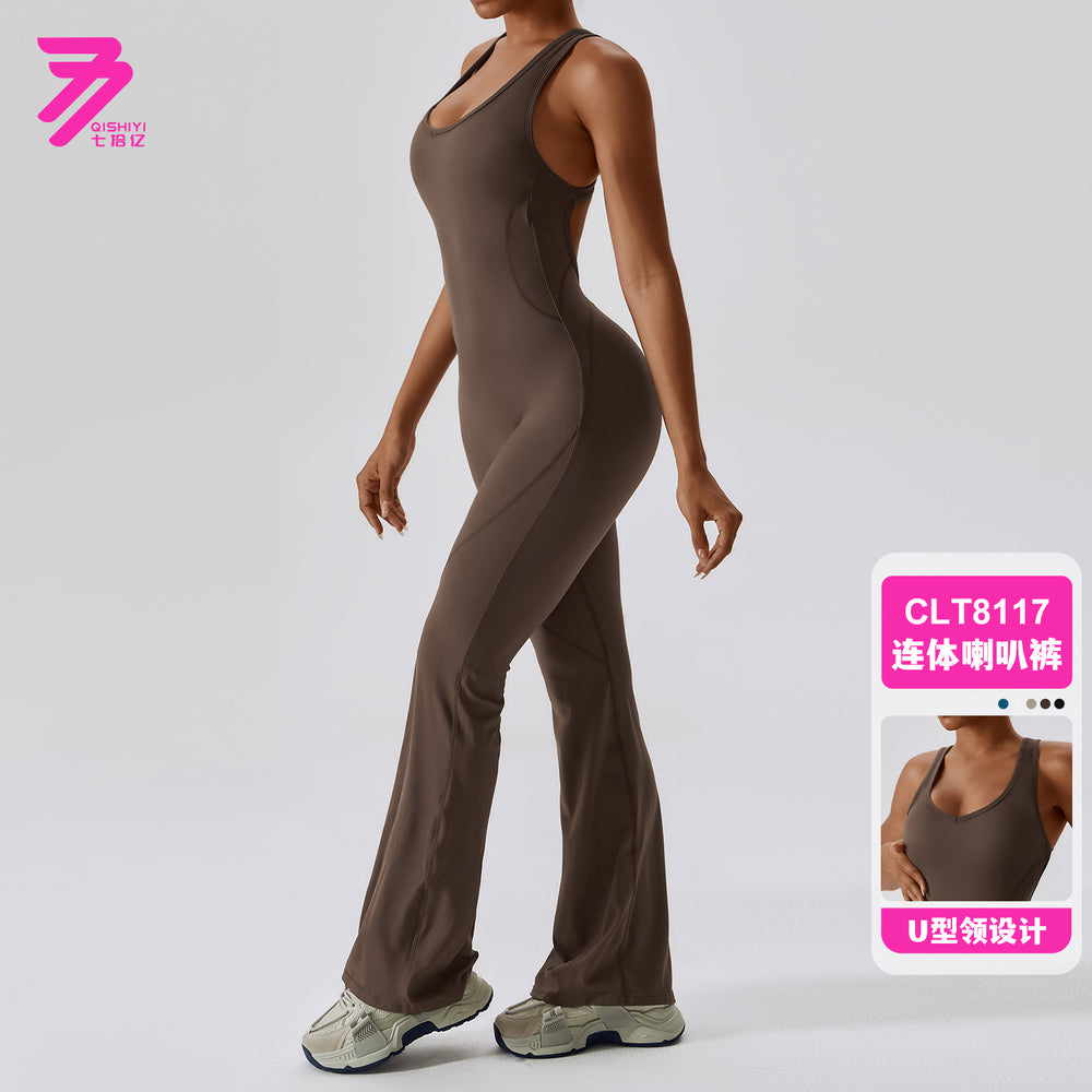 European and american quick-dry compression yoga outfit - dance, workout, and fitness - butt-lifting, tummy-control, bootcut one-piece yoga suit 8117