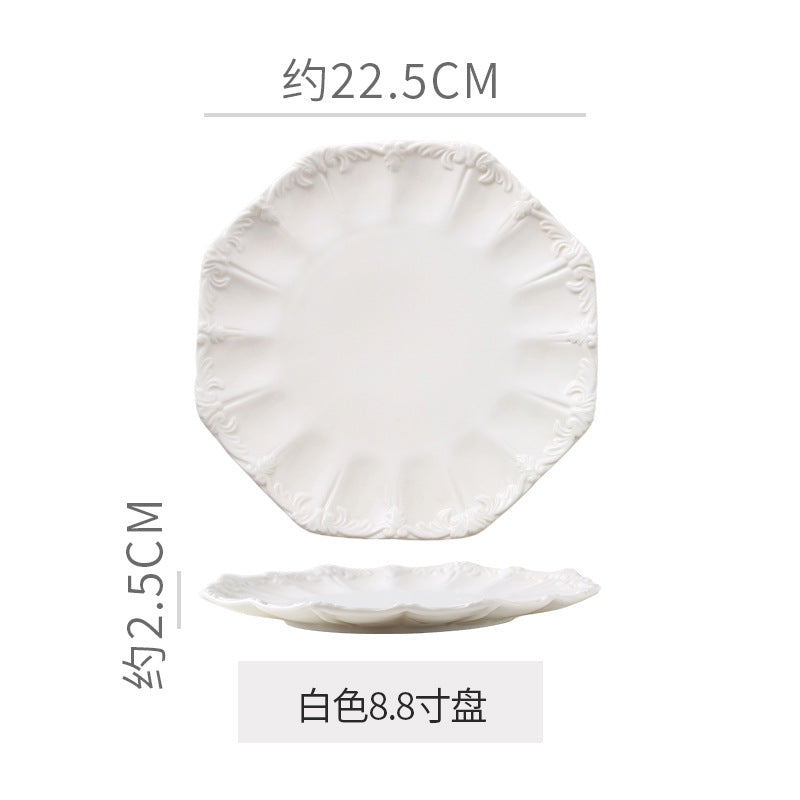 Embossed retro ceramic dinnerware set - french style, high-end steak plates, dessert plates, and salad bowls for home use