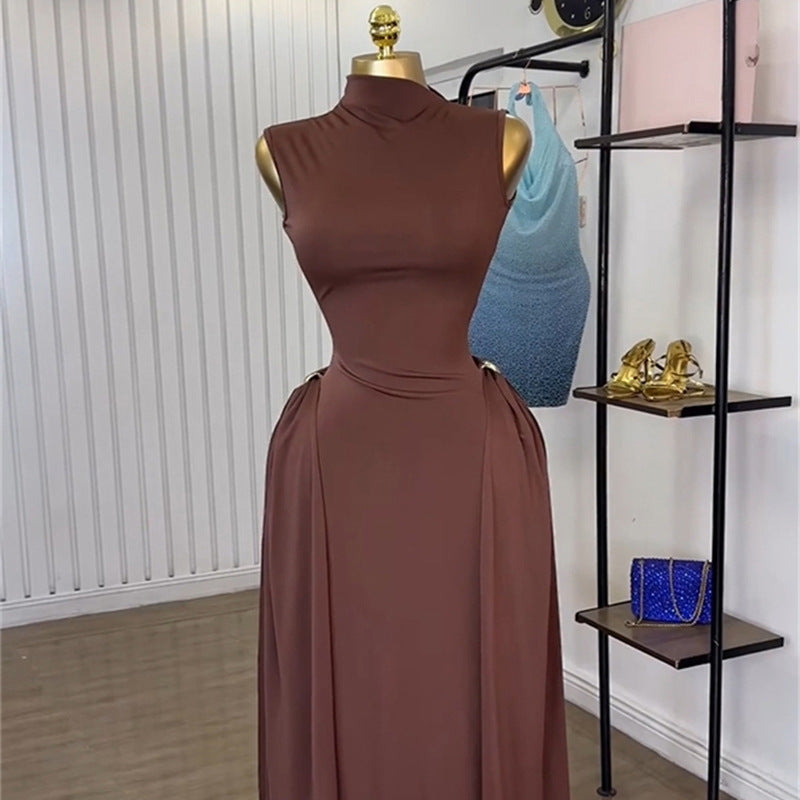 European and american cross-border women's fashion  summer new arrival: elegant turtleneck high-waisted sleeveless midi brown dress