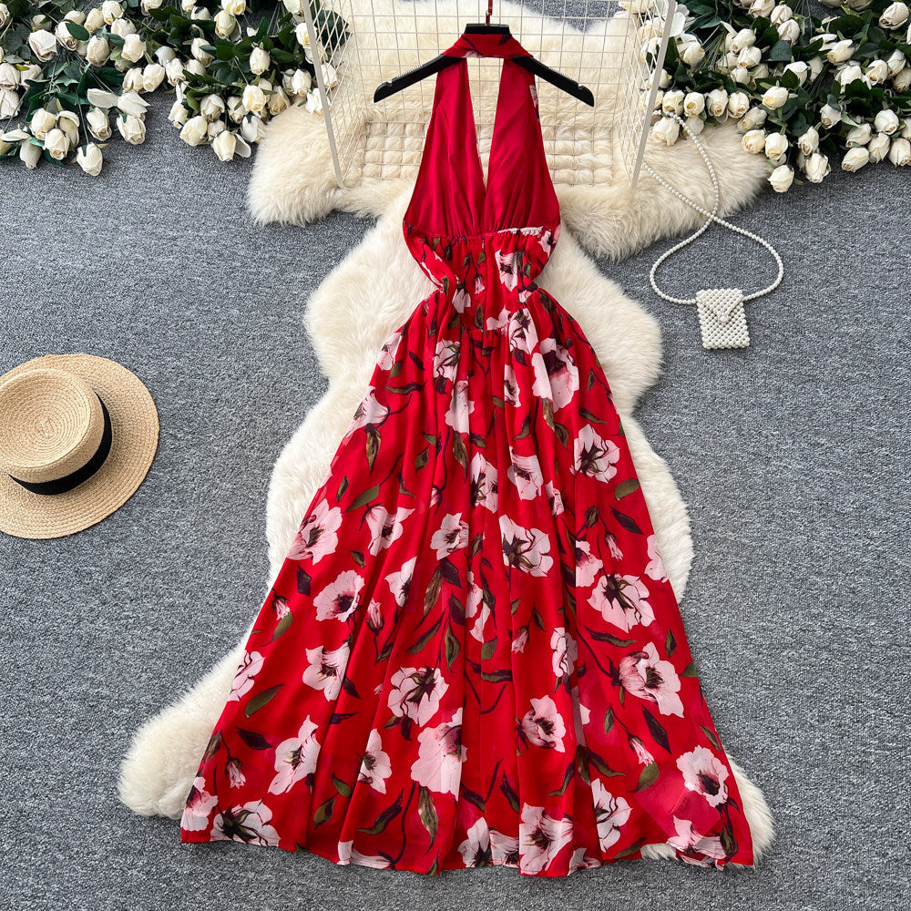 Pure desire style red printinghalterdress women's summer waist slimmingelegantelegancea-line elegant long skirt