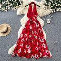 Pure desire style red printinghalterdress women's summer waist slimmingelegantelegancea-line elegant long skirt