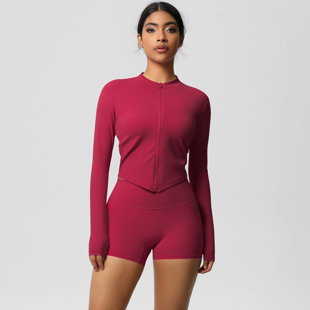 pure color brushed nylon nude zipper outwearlong sleeves yoga suit tight running sports fitness suit