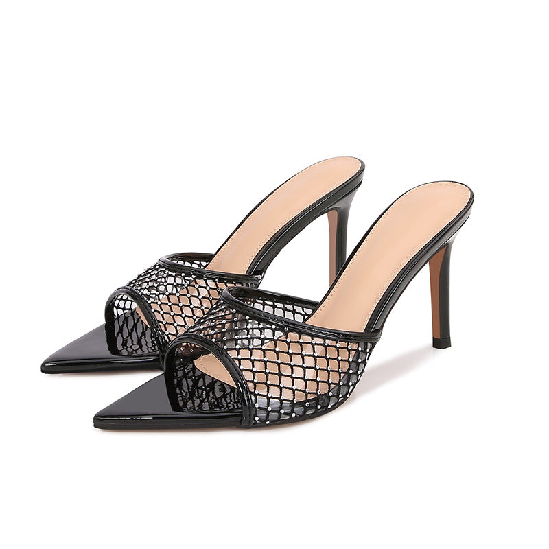 Women's high-end fashion black mesh rhinestone high heel slippers - stiletto, pointed toe, open toe, comfortable for all-day wear