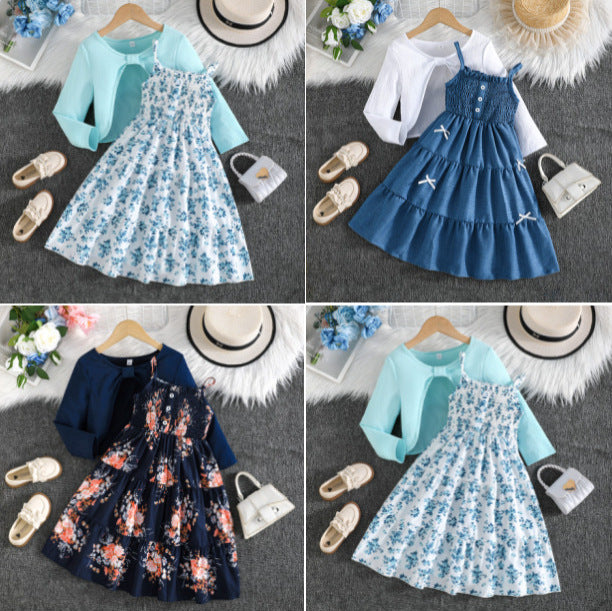 mid-to-large children's outfit: spring new arrivals - sweet floral print sundress with shawl set for girls (export quality)